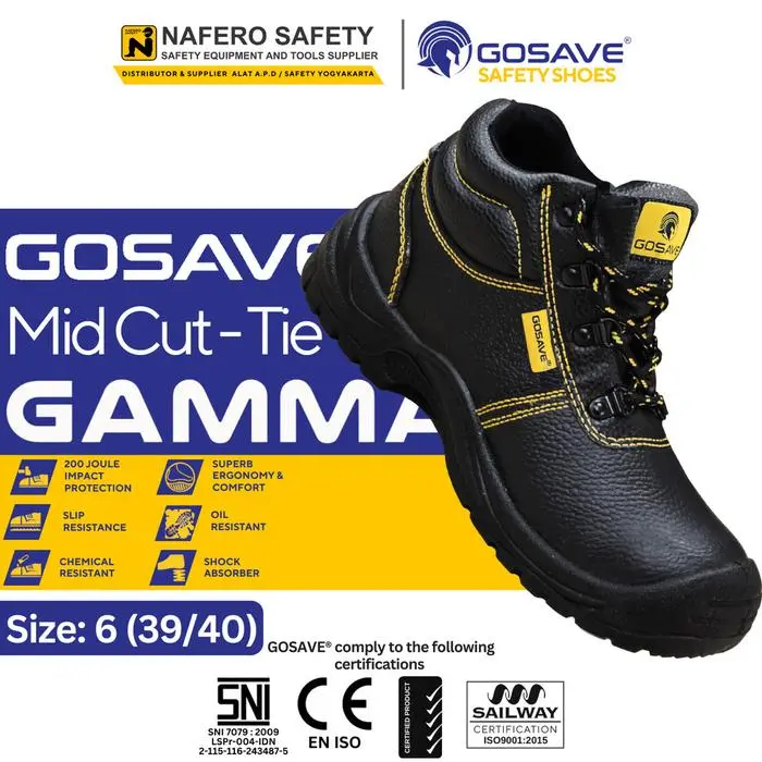 GOSAVE Sepatu Safety Tipe GAMMA MID Cut Tali Original Size 39 - 45 Ujung Besi Hitam Sepatu Kerja Proyek
